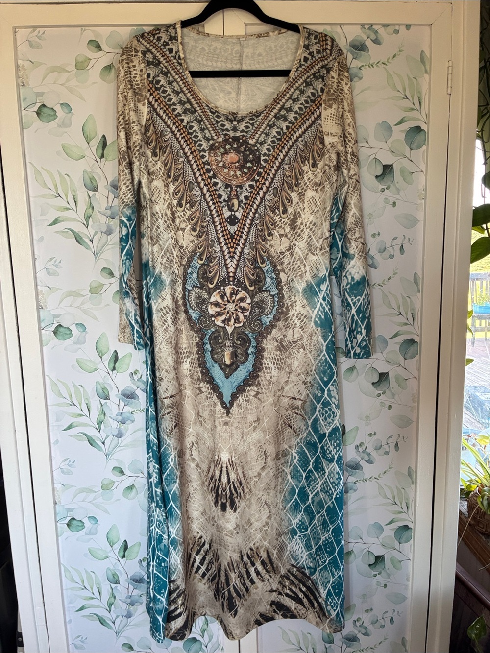 Embellished Long Sleeve Maxi Dress in Teal and Cream